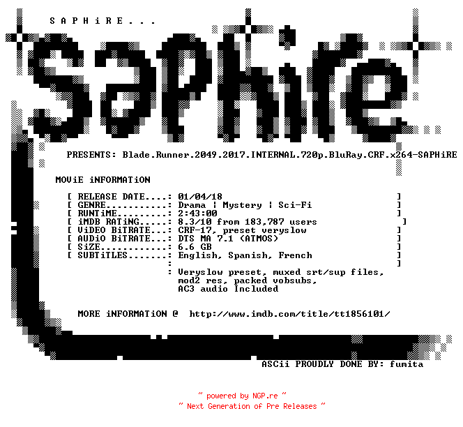 NFO for the release Blade.Runner.2049.2017.INTERNAL.720p.BluRay.CRF.x264-SAPHiRE by SAPHiRE