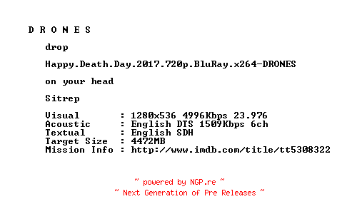 NFO for the release Happy.Death.Day.2017.720p.BluRay.x264-DRONES by DRONES