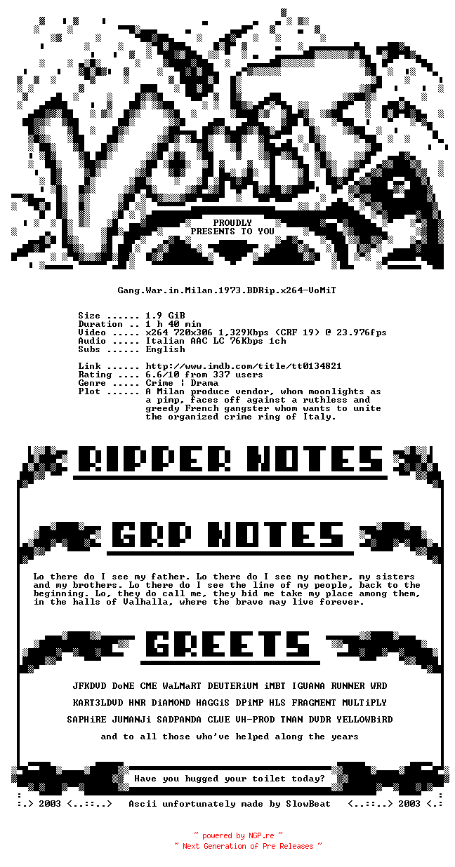 NFO for the release Gang.War.in.Milan.1973.BDRip.x264-VoMiT by VoMiT