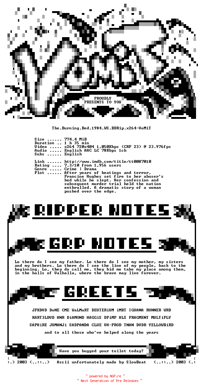 NFO for the release The.Burning.Bed.1984.WS.BDRip.x264-VoMiT by VoMiT