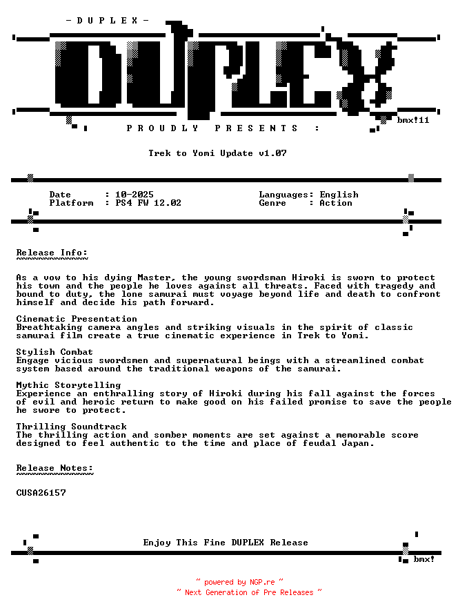 NFO for the release Trek.to.Yomi.Update.v1.07.PS4-DUPLEX by DUPLEX