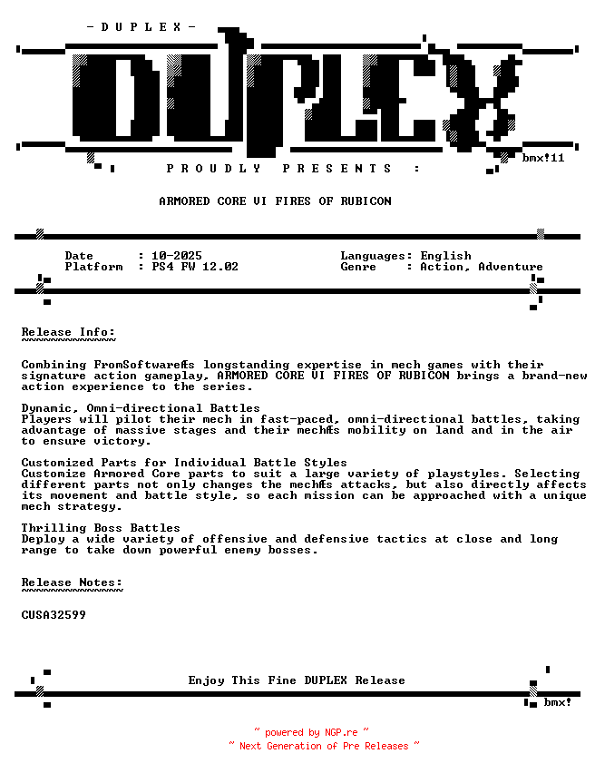NFO for the release ARMORED.CORE.VI.FIRES.OF.RUBICON.PS4-DUPLEX by DUPLEX