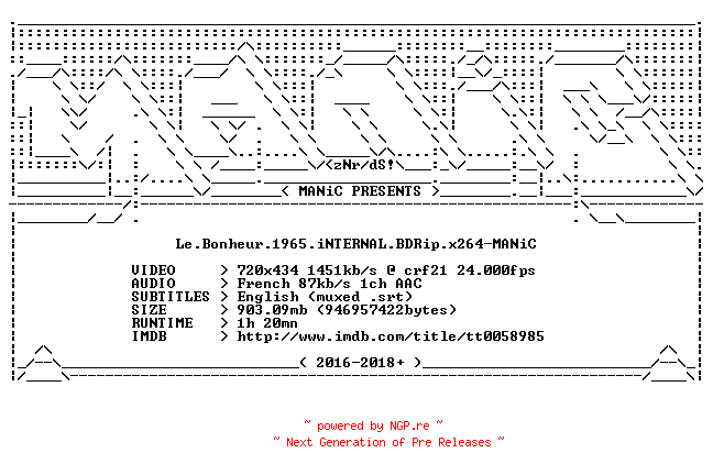 NFO for the release Le.Bonheur.1965.iNTERNAL.BDRip.x264-MANiC by MANiC