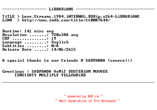 NFO for the release Love.Streams.1984.iNTERNAL.BDRip.x264-LiBRARiANS by LiBRARiANS