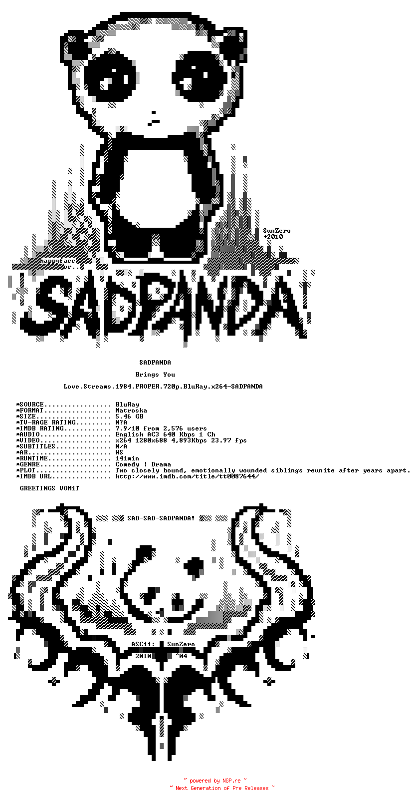 NFO for the release Love.Streams.1984.PROPER.720p.BluRay.x264-SADPANDA by SADPANDA