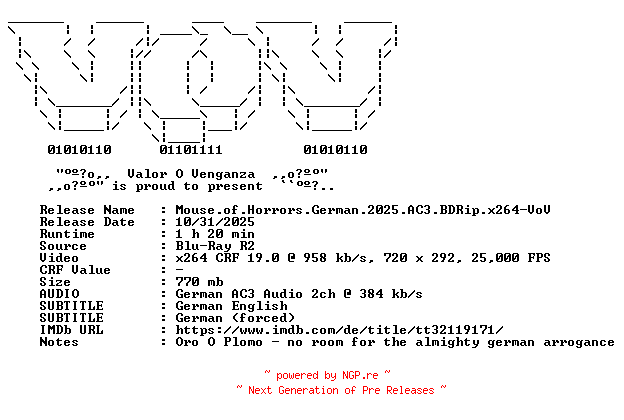 NFO for the release Mouse.of.Horrors.German.2025.AC3.BDRip.x264-VoV by VoV