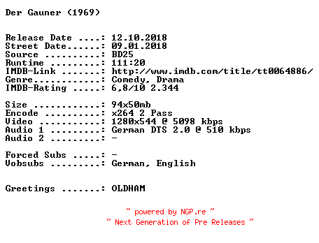 NFO for the release Der.Gauner.1969.German.720p.BluRay.x264-SPiCY by SPiCY