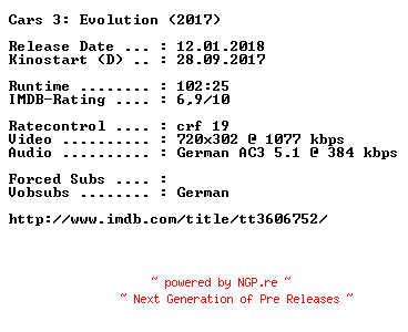 NFO for the release Cars.3.Evolution.German.2017.AC3.BDRip.x264-COiNCiDENCE by COiNCiDENCE