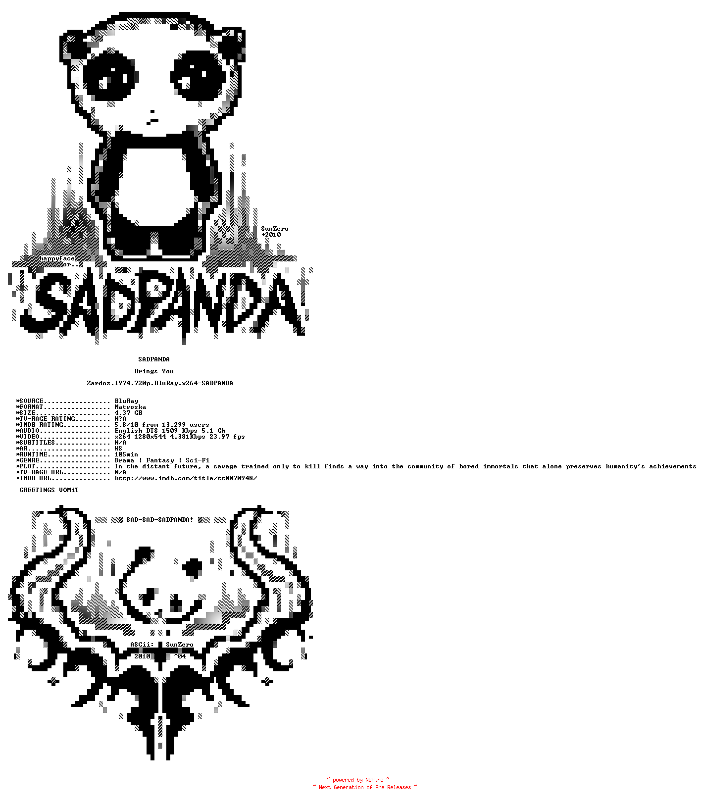 NFO for the release Zardoz.1974.720p.BluRay.x264-SADPANDA by SADPANDA