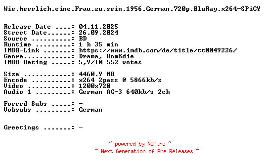 NFO for the release Wie.herrlich.eine.Frau.zu.sein.1956.German.720p.BluRay.x264-SPiCY by SPiCY