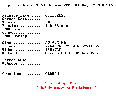 NFO for the release Tage.der.Liebe.1954.THEATRiCAL.German.720p.BluRay.x264-SPiCY by SPiCY