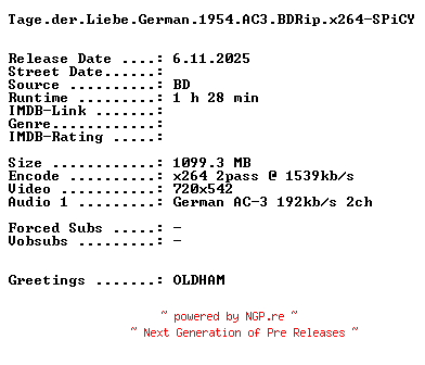 NFO for the release Tage.der.Liebe.German.1954.THEATRiCAL.AC3.BDRip.x264-SPiCY by SPiCY