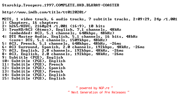 NFO for the release Starship.Troopers.1997.COMPLETE.UHD.BLURAY-COASTER by COASTER