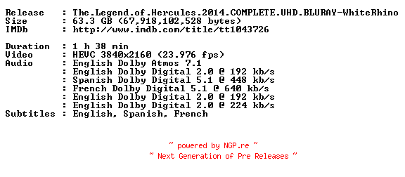 NFO for the release The.Legend.of.Hercules.2014.COMPLETE.UHD.BLURAY-WhiteRhino by WhiteRhino