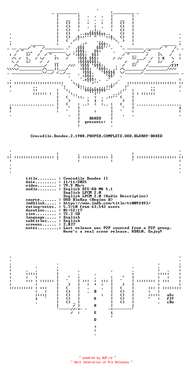 NFO for the release Crocodile.Dundee.2.1988.PROPER.COMPLETE.UHD.BLURAY-BAKED by BAKED