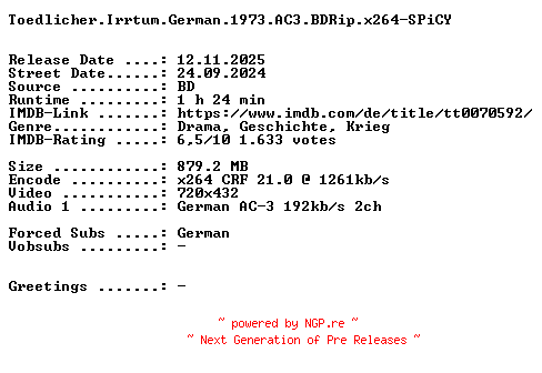 NFO for the release Toedlicher.Irrtum.German.1973.THEATRiCAL.AC3.BDRip.x264-SPiCY by SPiCY
