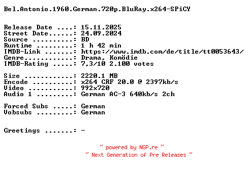 NFO for the release Bel.Antonio.1960.German.720p.BluRay.x264-SPiCY by SPiCY