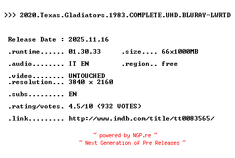 NFO for the release 2020.Texas.Gladiators.1983.COMPLETE.UHD.BLURAY-LWRTD by LWRTD