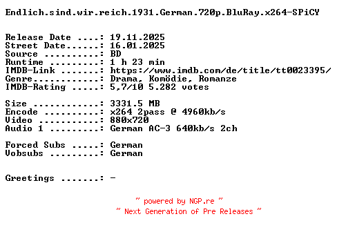 NFO for the release Endlich.sind.wir.reich.1931.German.720p.BluRay.x264-SPiCY by SPiCY