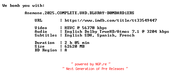 NFO for the release Anemone.2025.COMPLETE.UHD.BLURAY-B0MBARDiERS by B0MBARDiERS