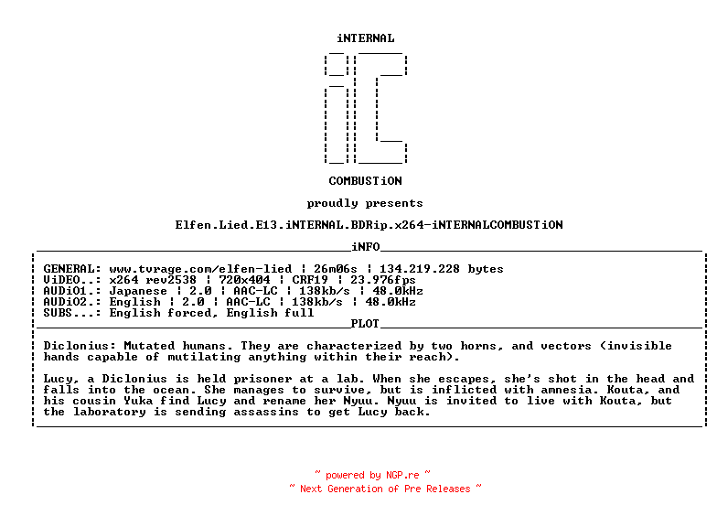 NFO for the release Elfen.Lied.E13.iNTERNAL.BDRip.x264-iNTERNALCOMBUSTiON by iNTERNALCOMBUSTiON