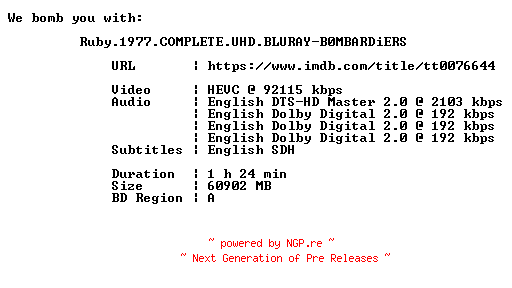 NFO for the release Ruby.1977.COMPLETE.UHD.BLURAY-B0MBARDiERS by B0MBARDiERS