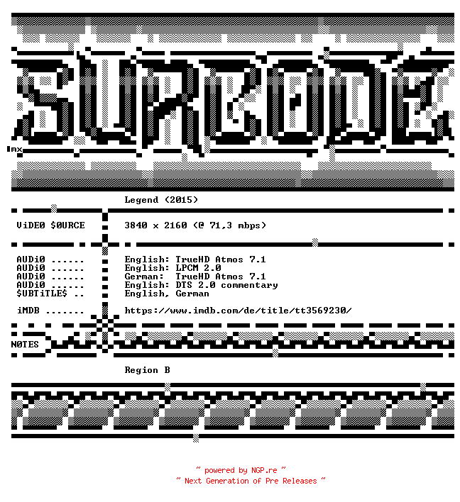 NFO for the release Legend.2015.COMPLETE.UHD.BLURAY-SURCODE by SURCODE