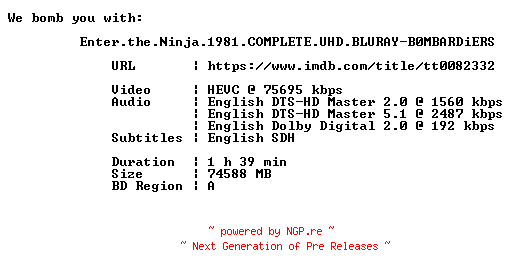 NFO for the release Enter.the.Ninja.1981.COMPLETE.UHD.BLURAY-B0MBARDiERS by B0MBARDiERS