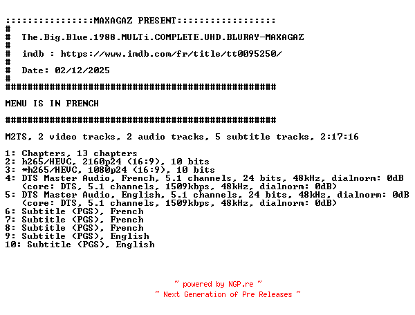 NFO for the release The.Big.Blue.1988.MULTi.COMPLETE.UHD.BLURAY-MAXAGAZ by MAXAGAZ