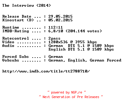 NFO for the release The.Interview.2014.German.DL.720p.BluRay.x264-EXQUiSiTE by EXQUiSiTE