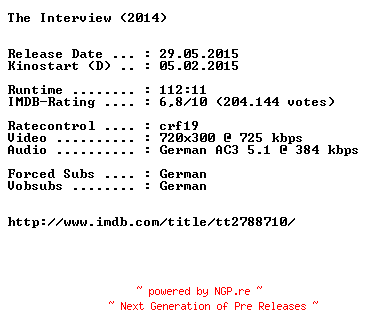 NFO for the release The.Interview.German.2014.BDRiP.x264-EXQUiSiTE by EXQUiSiTE