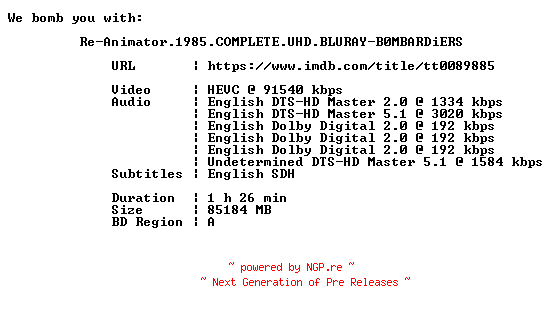 NFO for the release Re-Animator.1985.COMPLETE.UHD.BLURAY-B0MBARDiERS by B0MBARDiERS