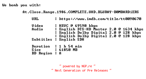 NFO for the release At.Close.Range.1986.COMPLETE.UHD.BLURAY-B0MBARDiERS by B0MBARDiERS