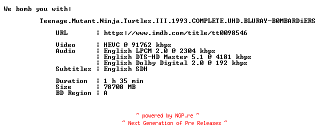 NFO for the release Teenage.Mutant.Ninja.Turtles.III.1993.COMPLETE.UHD.BLURAY-B0MBARDiERS by B0MBARDiERS