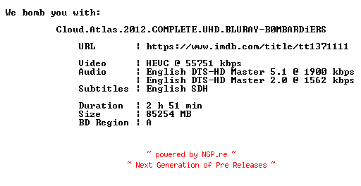 NFO for the release Cloud.Atlas.2012.COMPLETE.UHD.BLURAY-B0MBARDiERS by B0MBARDiERS
