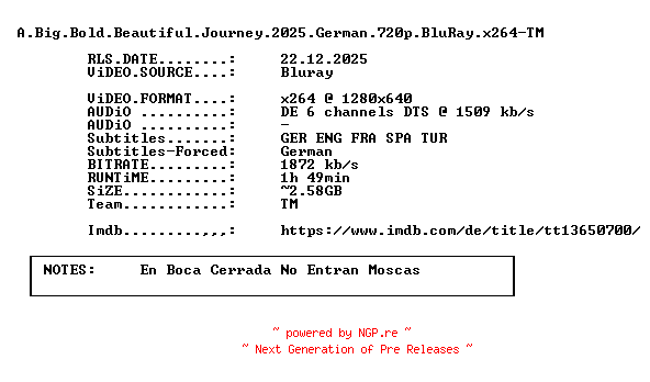 NFO for the release A.Big.Bold.Beautiful.Journey.2025.German.720p.BluRay.x264-TM by TM