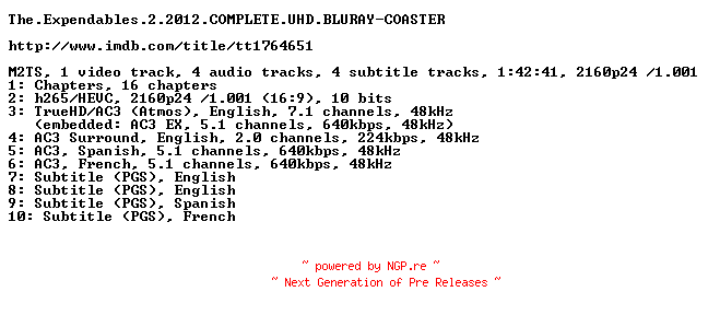 NFO for the release The.Expendables.2.2012.COMPLETE.UHD.BLURAY-COASTER by COASTER