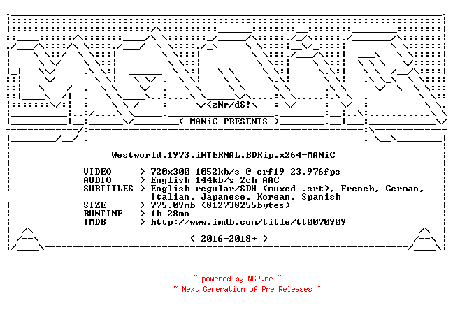 NFO for the release Westworld.1973.iNTERNAL.BDRip.x264-MANiC by MANiC