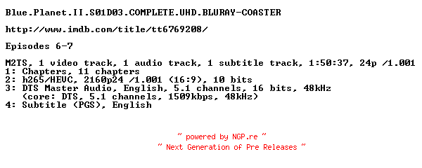 NFO for the release Blue.Planet.II.S01D03.COMPLETE.UHD.BLURAY-COASTER by COASTER