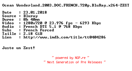 NFO for the release Ocean.Wonderland.2003.3D.DOC.FRENCH.720p.BluRay.x264-ZEST by ZEST
