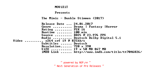 NFO for the release The.Mimic.Dunkle.Stimmen.2017.German.BDRiP.x264-MOViEiT by MOViEiT