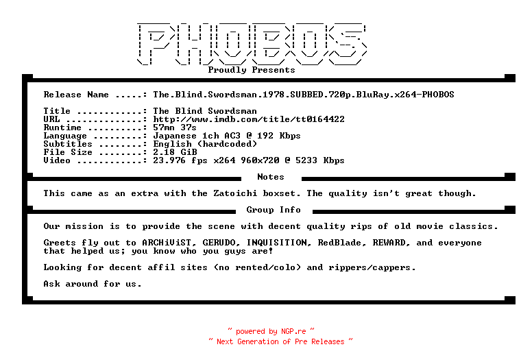 NFO for the release The.Blind.Swordsman.1978.SUBBED.720p.BluRay.x264-PHOBOS by PHOBOS