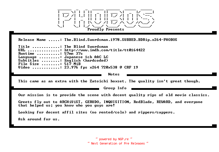 NFO for the release The.Blind.Swordsman.1978.SUBBED.BDRip.x264-PHOBOS by PHOBOS