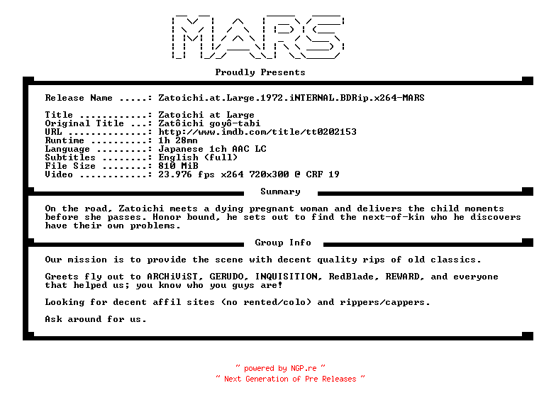 NFO for the release Zatoichi.at.Large.1972.iNTERNAL.BDRip.x264-MARS by MARS