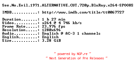 NFO for the release See.No.Evil.1971.ALTERNATIVE.CUT.720p.BluRay.x264-SPOOKS by SPOOKS