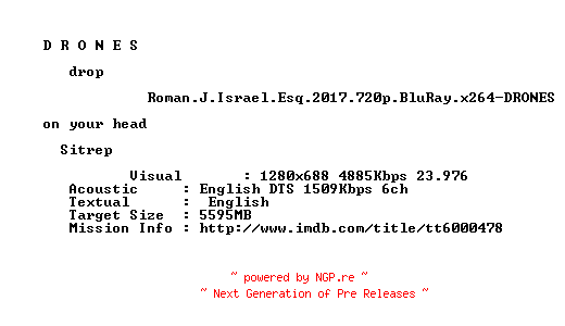 NFO for the release Roman.J.Israel.Esq.2017.720p.BluRay.x264-DRONES by DRONES
