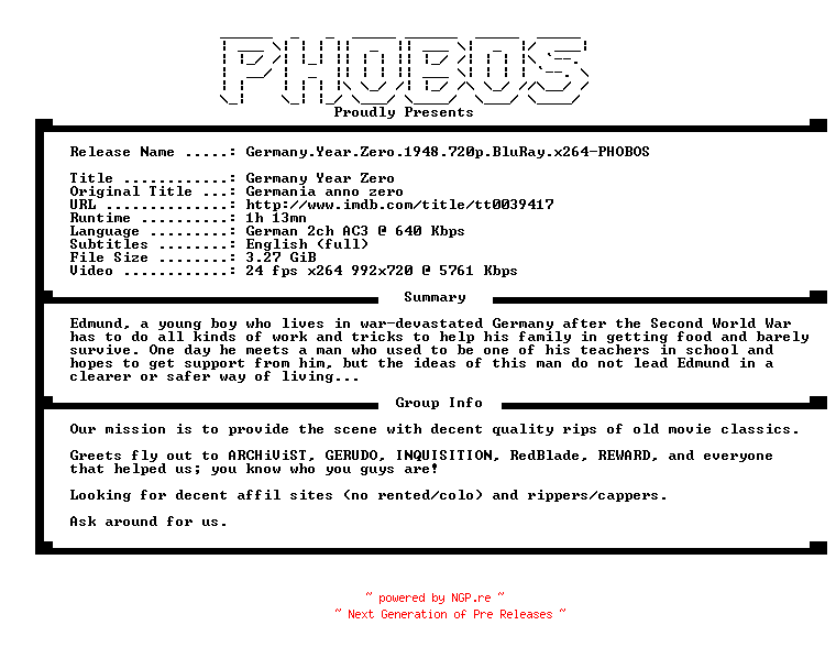 NFO for the release Germany.Year.Zero.1948.720p.BluRay.x264-PHOBOS by PHOBOS