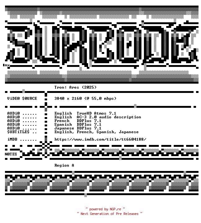 NFO for the release Tron.Ares.2025.COMPLETE.UHD.BLURAY-SURCODE by SURCODE