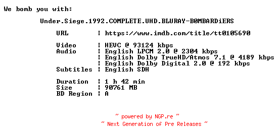 NFO for the release Under.Siege.1992.COMPLETE.UHD.BLURAY-B0MBARDiERS by B0MBARDiERS