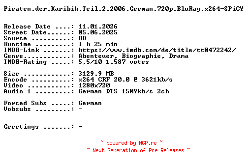 NFO for the release Piraten.der.Karibik.Teil.2.2006.German.720p.BluRay.x264-SPiCY by SPiCY
